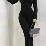 Kadın Tek Omuzdan Açık Balıkçı Yaka Taş Detaylı Uzun Ithal Krep Tulum