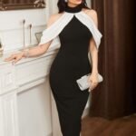 Kadın Daire Yakalı Omuzlardan Kollara Yayılan Kanat Detaylı çift Renkli Uzun Ithal Krep Elbise