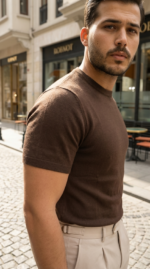 Erkek Basic Bisiklet Yaka Kısa Kollu Triko Tişört - %100 Pamuk Akrilik - Görsel 3