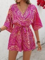 Kadın Kısa Kollu Kruvaze Yakalı Belden Kuşaklı Desenli Kısa Süprem Tulum - Görsel 3