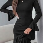 Kadın Uzun Kollu Yuvarlak Yaka Fırfırlı Kol Ucu Volanlı Janjan Krep Mini Elbise