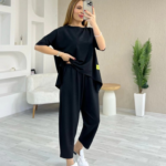 Kadın Kısa Kollu Bisiklet Yaka Viskon Iki Iplik Bluz Ve Pantolon Ikili Takım