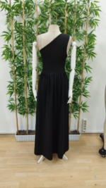 Kadın Omuzlardan Açık Asimetrik Yaka Detaylı Yırtmaçlı Maksi Boy Janjan Krep Elbise - Görsel 7