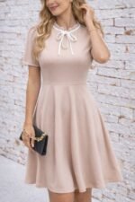 Kadın Kısa Kollu Yakadan Bağcıklı Ve Fırfırlı Midi Janjan Krep Elbise - Görsel 3