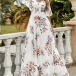 Kadın Kısa Kollu V Yakalı çiçek Desenli Süprem Elbise