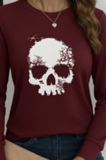 Kadın Uzun Kollu Bisiklet Yaka Kurukafa Desenli Viskon Bluz - Görsel 2