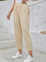 Kadın Yüksek Bel Yandan Cepli Düğme Detaylı Geniş Kesim Ithal Krep Pantolon - Görsel 2