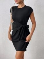 Kadın Kısa Kap Kollu Bisiklet Yaka Belden Bağlamalı Modal Mini Elbise - Görsel 8