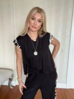 Kadın Yarasa Kol Dijital Baskı Detay Bluz Ve Yanı şerit Detay Kristal Kumaş Pantolon Ikili Takım - Görsel 3