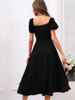 Kadın Kısa Kollu Kare Yakalı Yırtmaçlı Midi Janjan Krep Elbise - Görsel 3