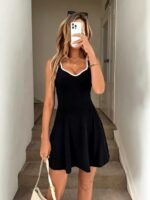 Kadın Askılı Kalp Yakalı şerit Detaylı Dalgıç Kısa Elbise - Görsel 3