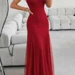 Kadın Askılı Bisiklet Yaka Etek Ucu Tül Detaylı Asimetrik Kiloş Uzun Ithal Krep Elbise