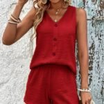 Kadın Askılı Kolsuz V Yakalı önden Düğmeli Bürümcük Bluz Ve Short Ikili Takım