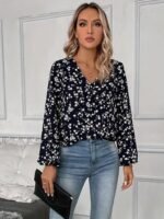 Kadın Uzun Kollu V Yakalı çiçek Desenli Modal Bluz - Görsel 5