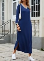 Kadın Uzun Kollu V Yakalı Yanlardan Yırtmaçlı Uzun Viskon Iki Iplik Elbise - Görsel 2