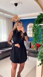 Kadın Uzun Kollu Yakalı Düğmeli Mini Ithal Krep Elbise - Görsel 3