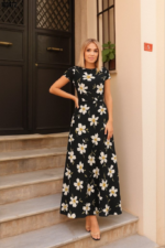 Kadın Kısa Kollu Bisiklet Yaka Puantiyeli Maksi örme Krep Elbise - Görsel 3