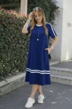 Kadın Kısa Kollu Bisiklet Yaka şerit Detaylı Midi Viskon Elbise - Görsel 3