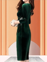 Kadın Uzun Kollu Bot Yaka Yanı Taş Detaylı Midi Kadife Elbise - Görsel 2