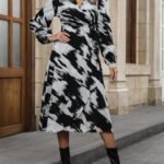 Kadın Uzun Kollu Kruvaze Yakalı Yandan Bağlamalı Desenli Mini Modal Elbise