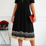 Kadın Kısa Kollu V Yakalı Etek Ucu Desenli Viskon Elbise