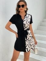 Kadın Kısa Kollu V Yakalı çift Renkli Desenli Beli Kuşaklı Atlas Elbise - Görsel 3