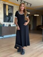 Kadın Kısa Kollu Yuvarlak Yaka Yandan Yırtmaçlı Midi Viskon Elbise - Görsel 2