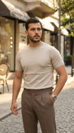 Erkek Basic Bisiklet Yaka Kısa Kollu Triko Tişört - %100 Pamuk Akrilik