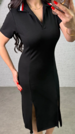 Kadın Polo Yaka çift Yırtmaç Detay Modal Kumaş Midi Boy Elbise - Görsel 4