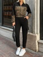 Kadın Uzun Kollu Kapşonlu Leopar Desenli Viskon Iki Iplik Bluz Ve Pantolon Ikili Takım - Görsel 3