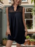 Kadın Kolsuz V Hakim Yaka Dantelli Janjan Krep Elbise - Görsel 3