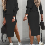 Kadın Uzun Kollu Düşük Omuz Yırtmaç Detay Kaşkorse Etek Bluz Ikili Takım