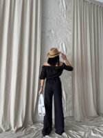 KETEN MADONNA YAKA KOL HASIR ŞERİT - PANTOLON TAKIM - Siyah - Görsel 2