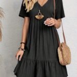 Kadın Kısa Kollu V Yakalı Fırfırlı Bürümcük Elbise