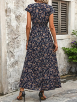 Kadın Kısa Kollu Kruvaze Yakalı çiçek Desenli Belden Lastikli Süprem Uzun Elbise - Görsel 5