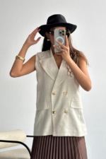 GOLD DÜĞMELİ KETEN YELEK - Ham - Görsel 4