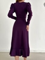 Krep Kumaş Midi Boy Kuşaklı Uzunkol Elbise - Görsel 10