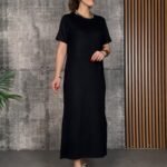 Kadın Kısa Kollu Bisiklet Yaka Yırtmaçlı Viskon Iki Iplik Elbise