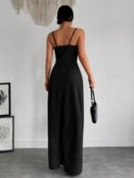 Kadın Askılı Kruvaze Yaka Derin Yırtmaçlı Krep Elbise - Görsel 7