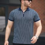 Erkek çizgili Fermuar Yakalı Kısa Kollu Tişört