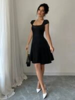 Kadın Kısa Kollu Geometrik Yakalı Janjan Krep Elbise - Görsel 4