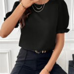 Kadın Kısa Kollu Bisiklet Yaka Kolları Gipeli Ithal Krep Bluz