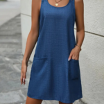 Kadın Kolsuz Kalın Askılı Düğme Detay Cepli Keten Elbise