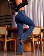 Kadın Yüksek Bel Yanları Lastik önü Düğmeli Kot Pantolon - Görsel 3