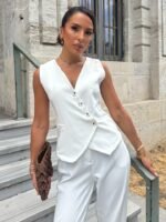 Kadın Sıfır Kollu çapraz V Yakalı önden Düğmeli Atlas Yelek Ve Pantolon Ikili Takım - Görsel 2