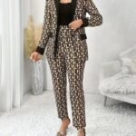 Kadın Uzun Kollu Yakalı Desenli Dalgıç Ceket Bluz Ve Pantolon üçlü Takım