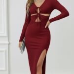 Kadın Uzun Kollu Göğüs Ve Göbek Dekolte Detay Sandy Midi Boy Elbise