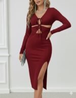 Kadın Uzun Kollu Göğüs Ve Göbek Dekolte Detay Sandy Midi Boy Elbise