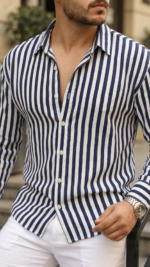 Erkek Dikey Çizgili Yarım Oversize Gömlek