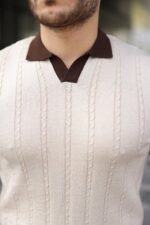 Erkek Örgü Desen Yakalı Kısa Kollu Triko Tişört - %100 Pamuk Akrilik - Görsel 7